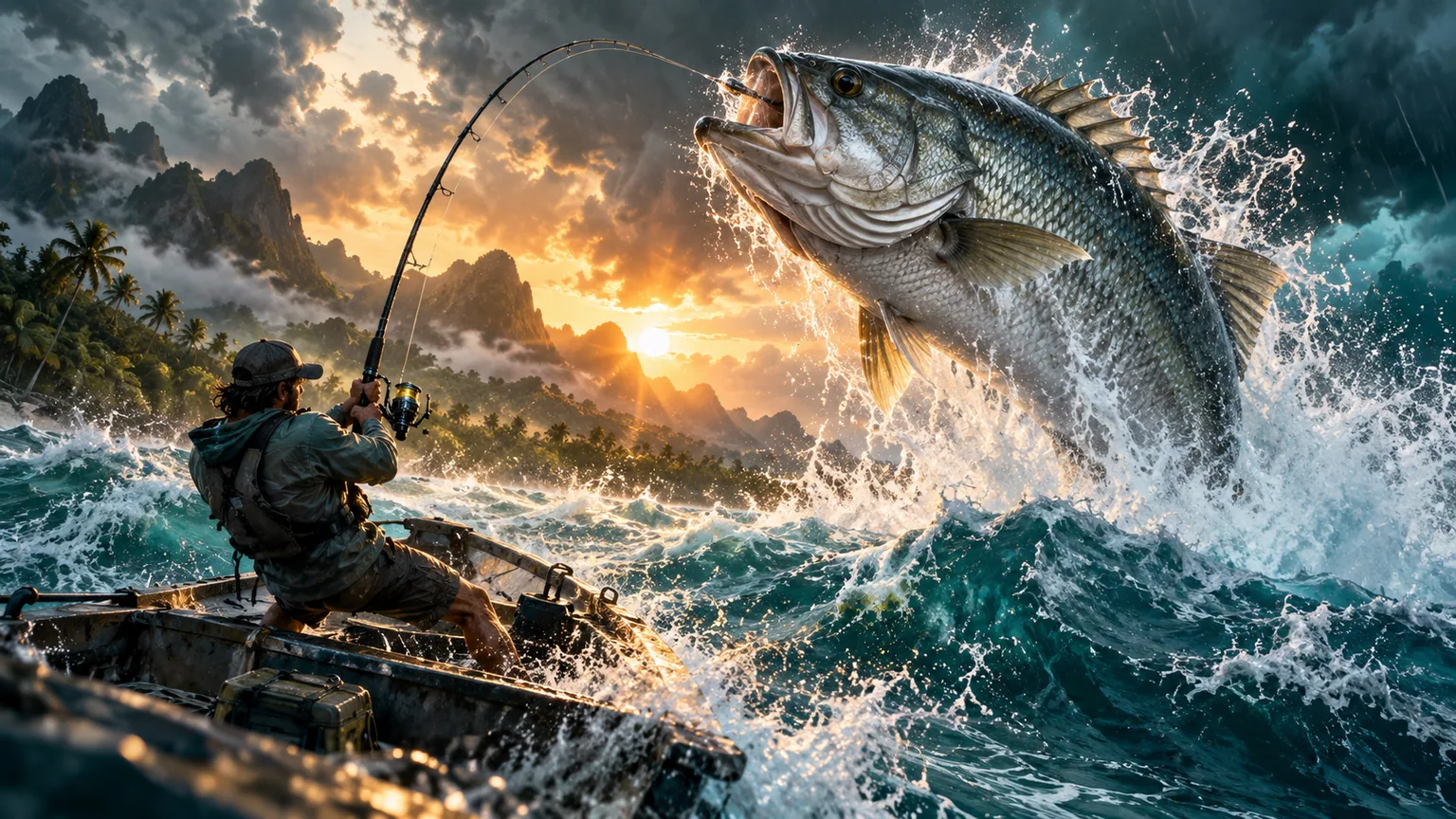 Original angler facing a giant silver bass in a tropical storm