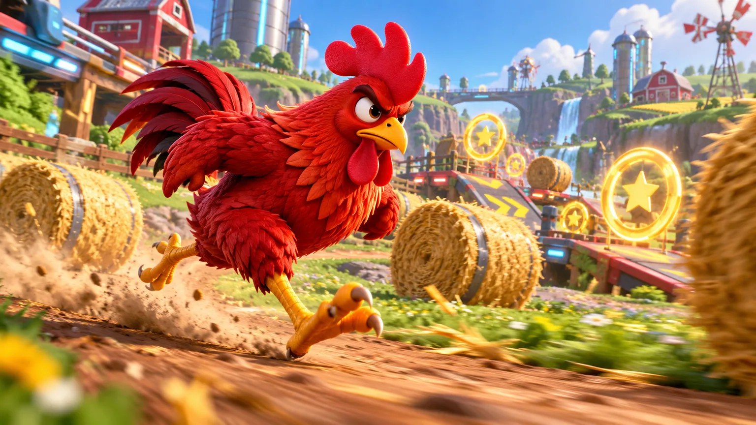 Original red rooster racing through a futuristic farm obstacle course